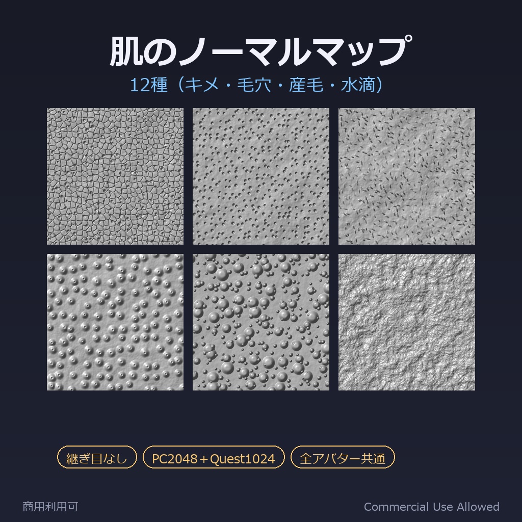 【商用利用可】肌のノーマルマップ素材集 12種｜キメ・毛穴・産毛・水滴／全アバター共通・PC2048＋Quest1024・継ぎ目なし