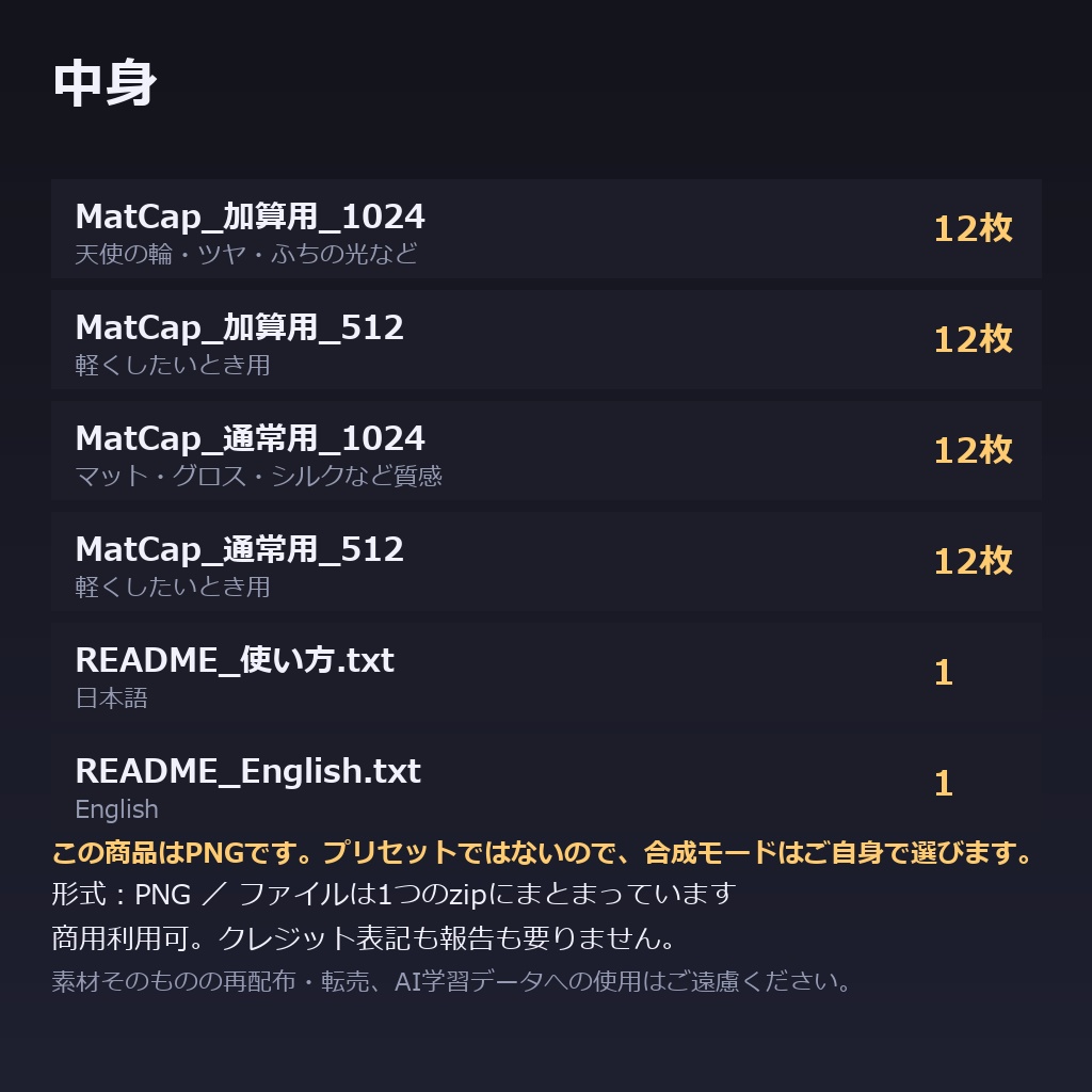 【商用利用可】髪のMatCap素材集 24種|天使の輪・ツヤ・質感/加算用12+通常用12・1024&512px・全アバター共通