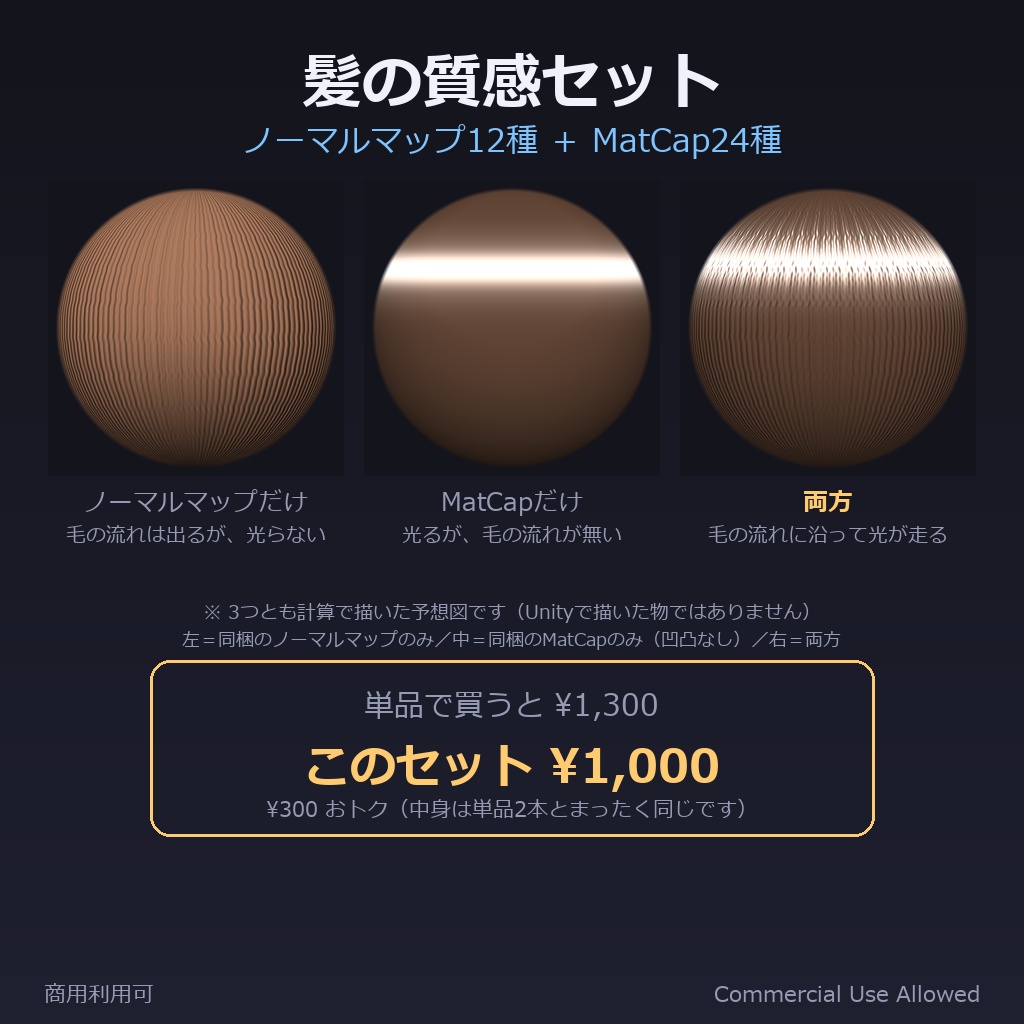 【商用利用可】髪の質感セット｜ノーマルマップ12種＋MatCap24種｜毛の流れと天使の輪を両方／単品より¥300おトク