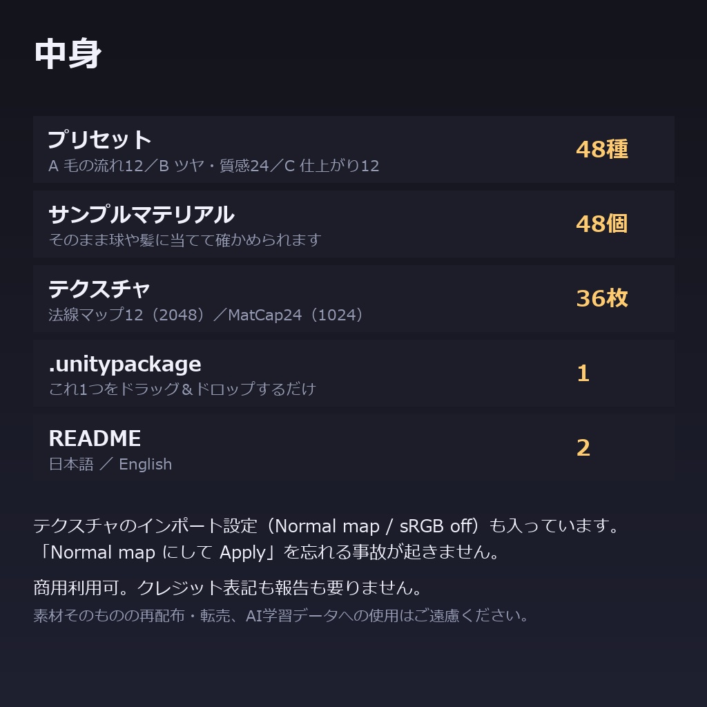 【商用利用可】髪の質感プリセット for lilToon|48種|毛の流れ12+ツヤ・質感24+仕上がり12/クリック1回・全アバター共通