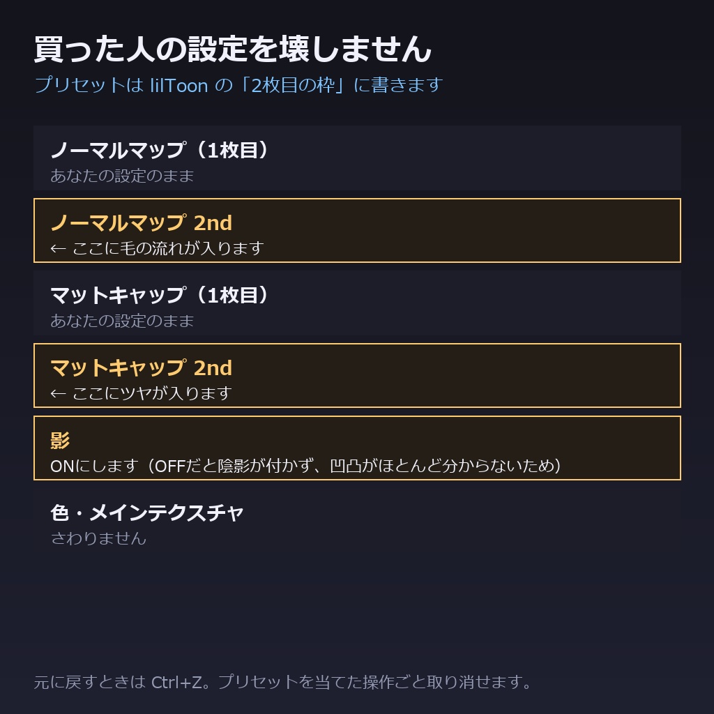 【商用利用可】髪の質感プリセット for lilToon|48種|毛の流れ12+ツヤ・質感24+仕上がり12/クリック1回・全アバター共通