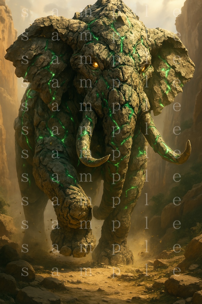 大地牙象《Terra Tusk》|土属性AI生成魔獣イラスト2枚セット(背景あり・前後姿)