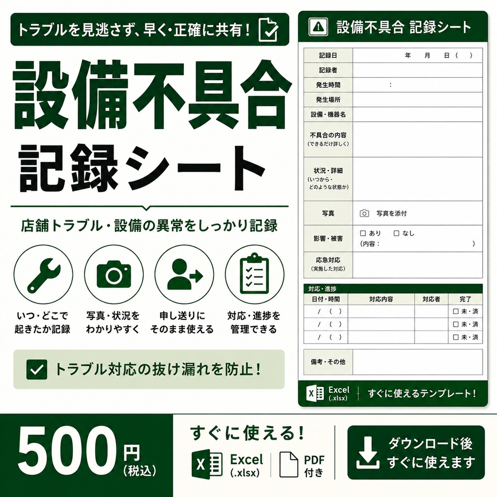 店舗トラブル・設備不具合の記録・申し送りシート｜修理・対応状況の管理｜Excel・PDF