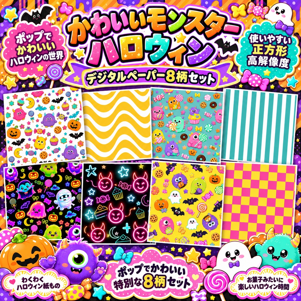 【8柄セット】ハロウィン デジタルペーパー｜ポップでかわいいモンスター・カラフル背景素材