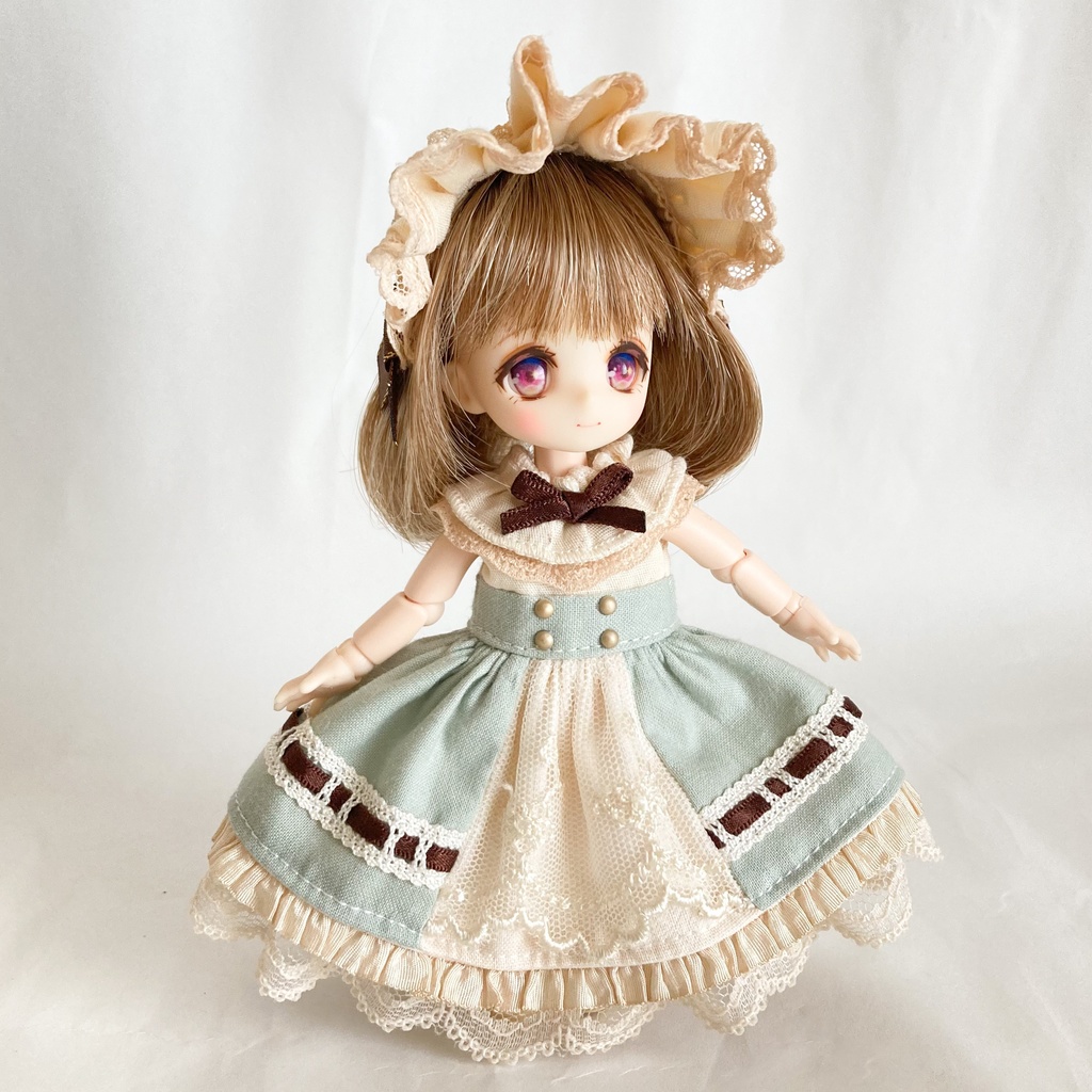 【オビツ11 ピコP】クラシカルワンピース(グリーン×ブラウン)