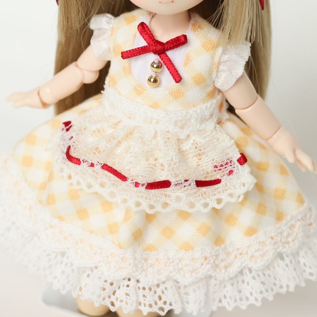 【オビツ11  ピコP】ミニエプロン付きワンピース　(イエロー×レッド) 服