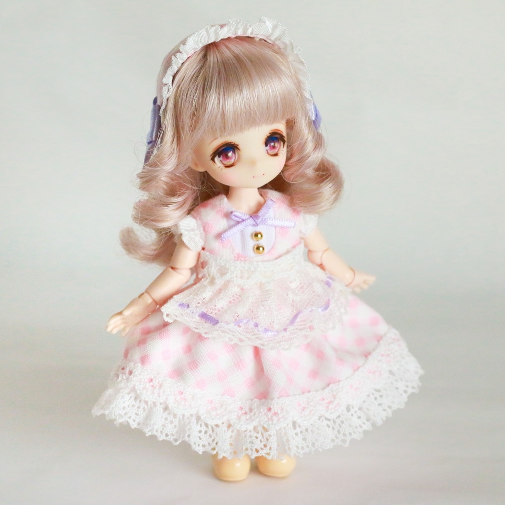 【オビツ11 ・ピコP】ミニエプロン付きワンピース(ピンク×パープル)