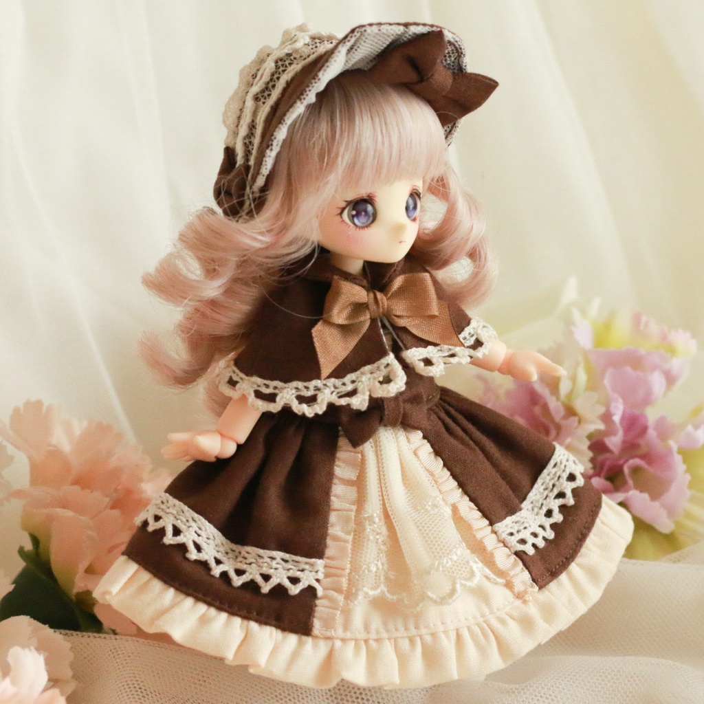 【オビツ11・ピコP】ケープ付きワンピース ブラウン