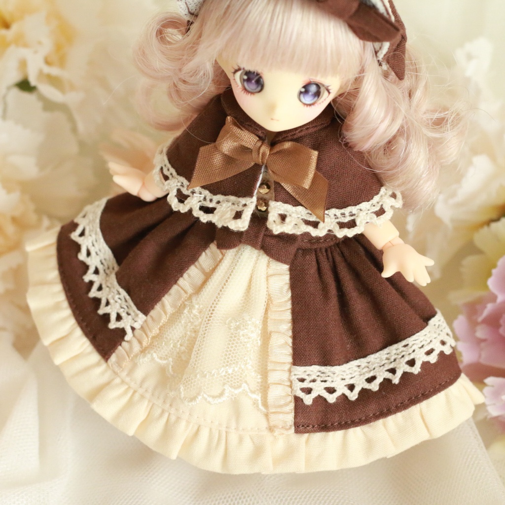 【オビツ11・ピコP】ケープ付きワンピース ブラウン