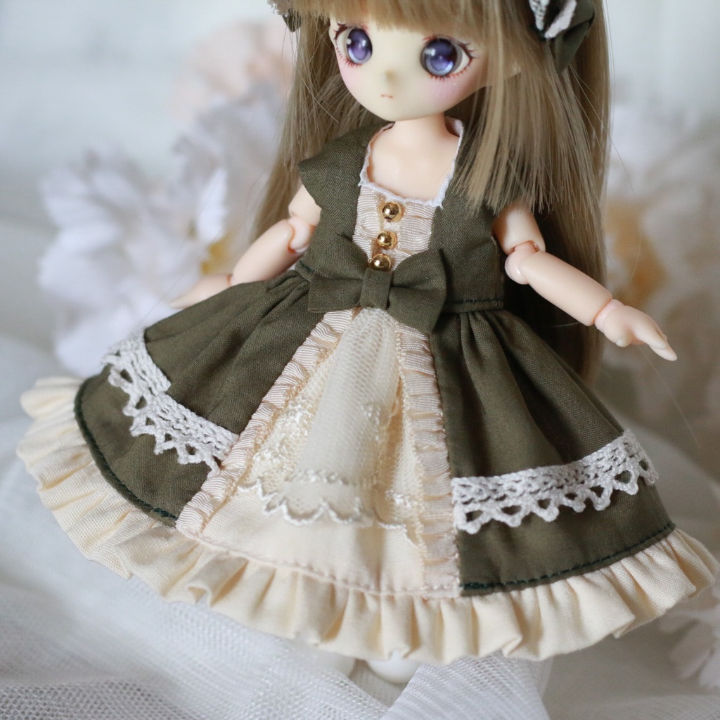 【オビツ11・ピコP】ケープ付きワンピース オリーブグリーン