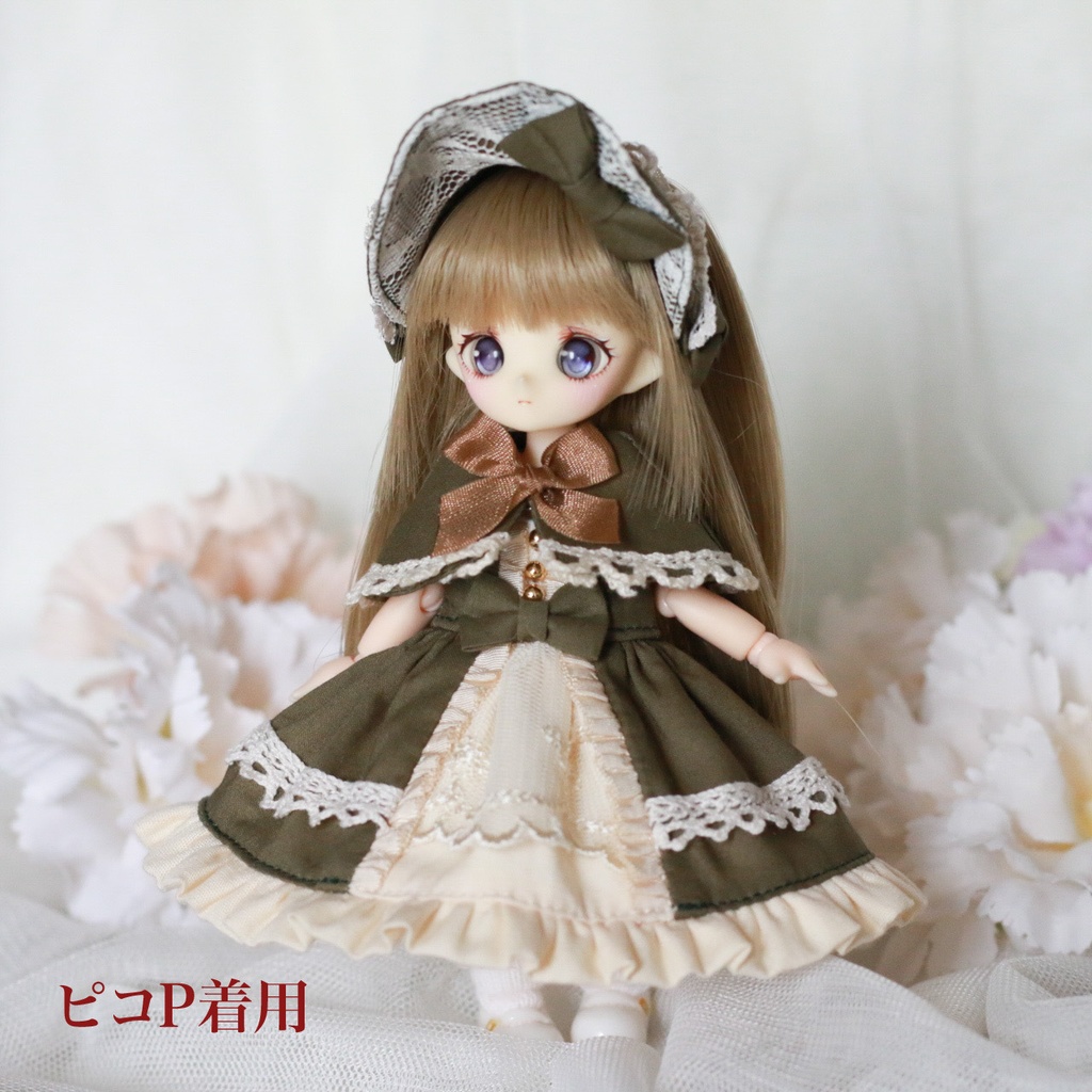 【オビツ11・ピコP】ケープ付きワンピース オリーブグリーン