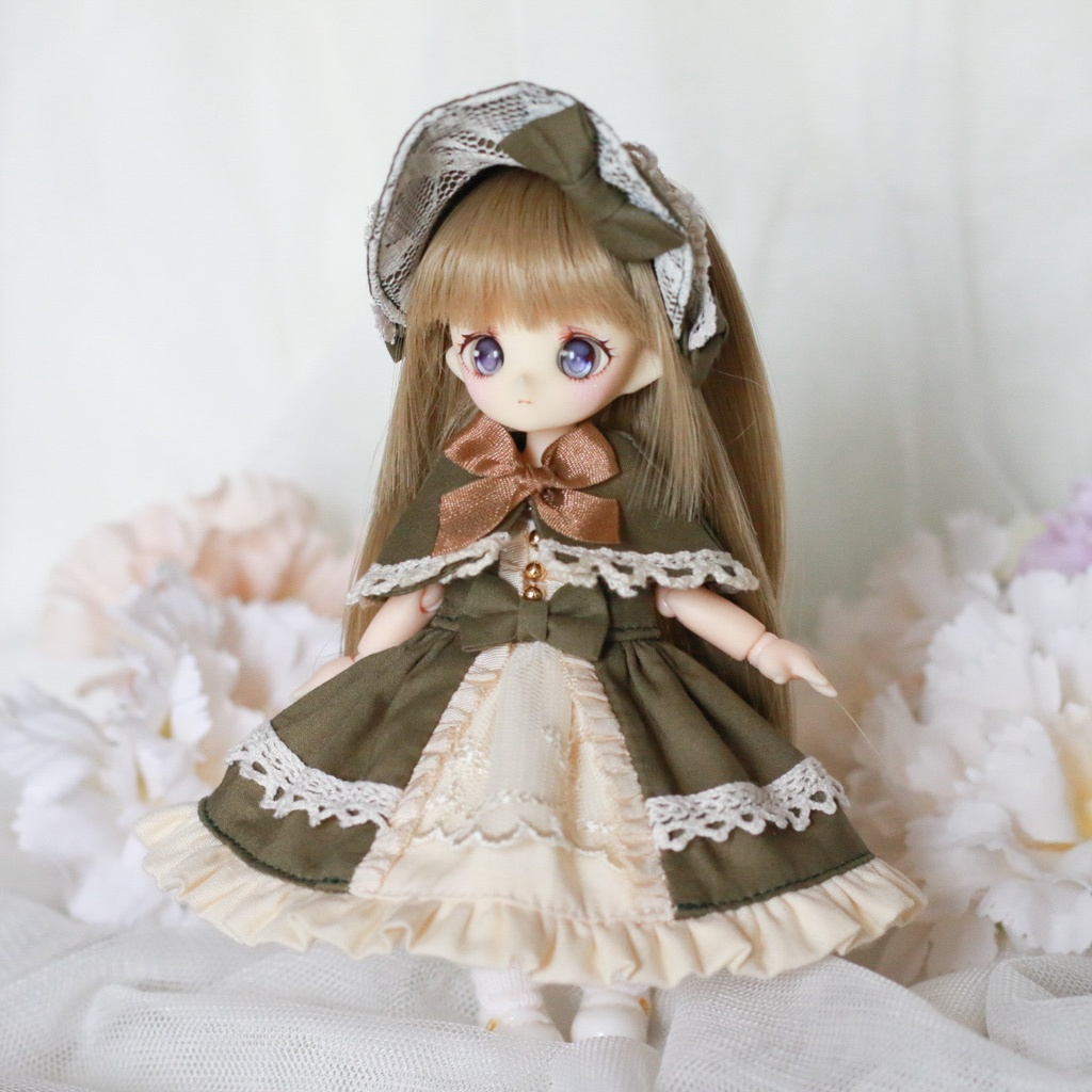 【オビツ11・ピコP】ケープ付きワンピース オリーブグリーン