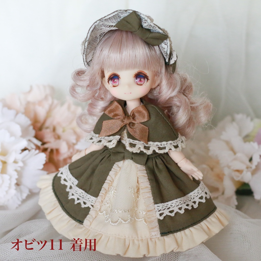 【オビツ11・ピコP】ケープ付きワンピース オリーブグリーン