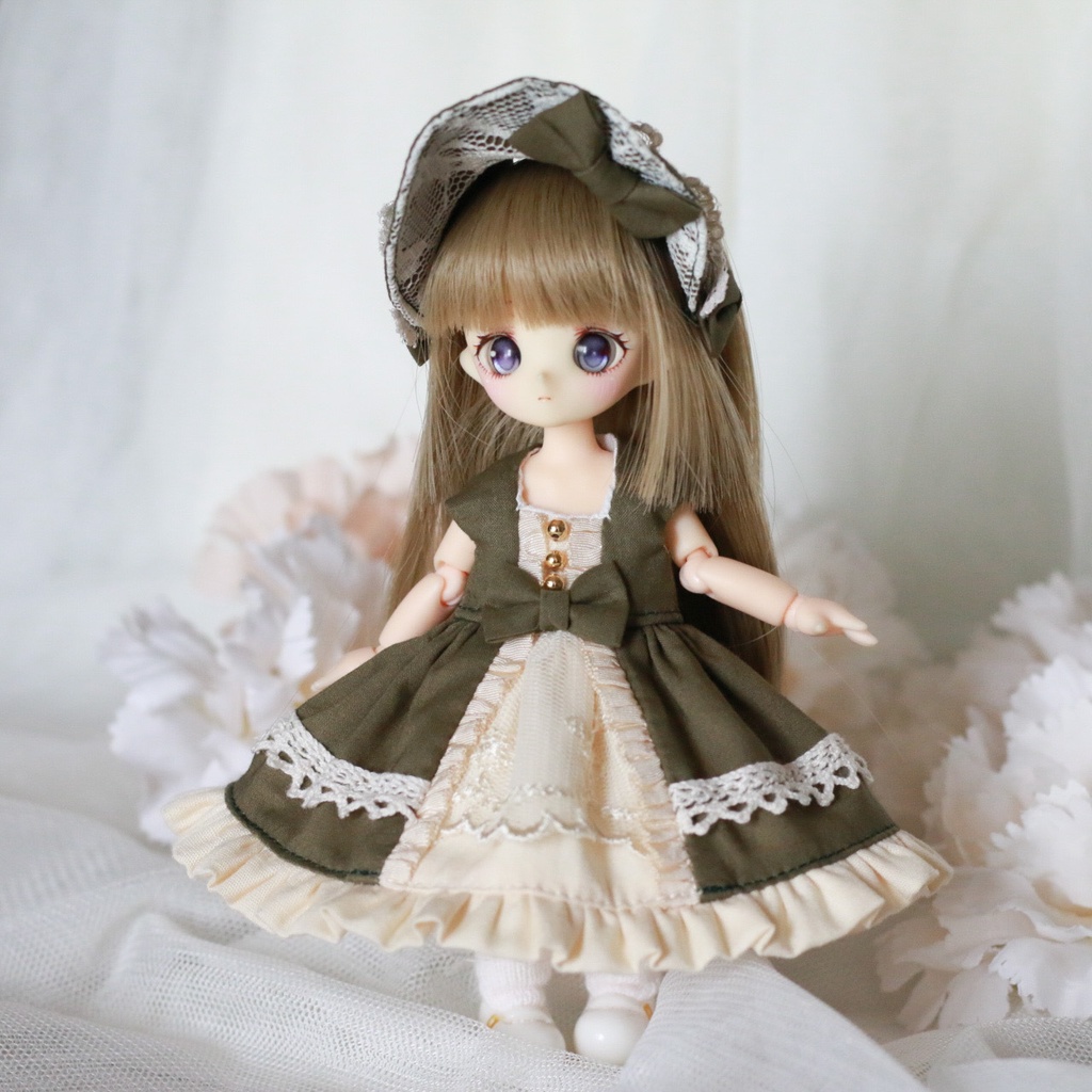 【オビツ11・ピコP】ケープ付きワンピース オリーブグリーン