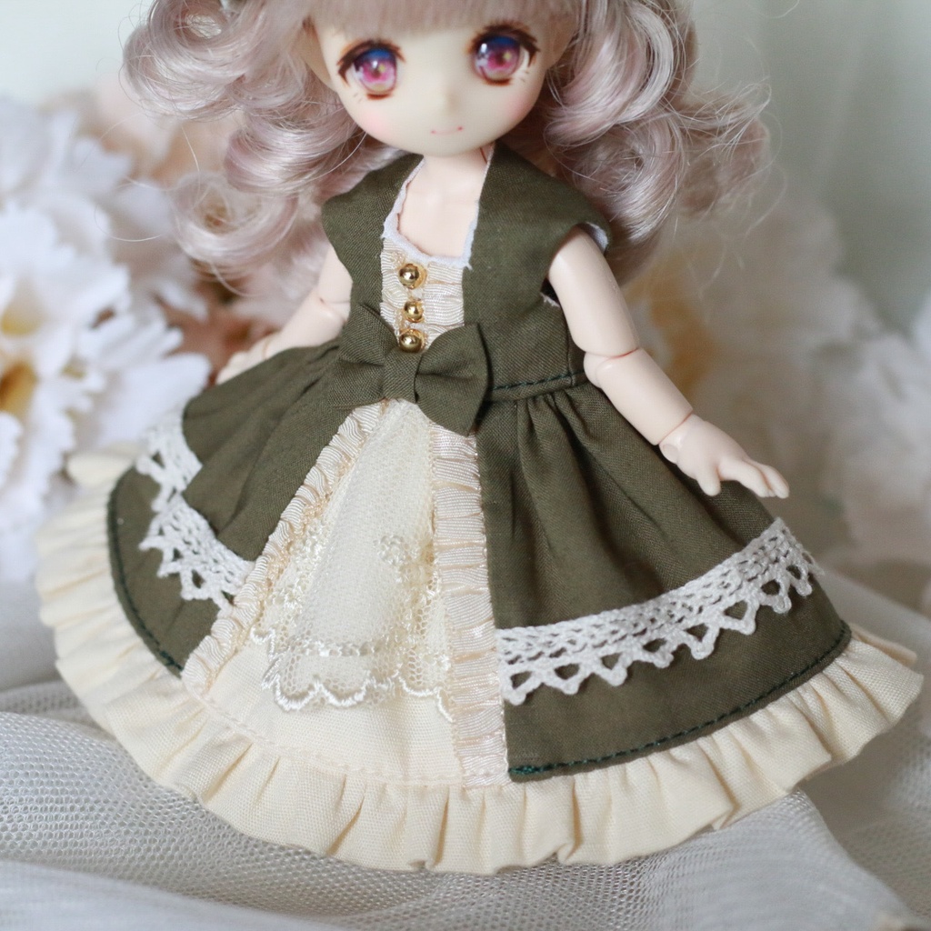 【オビツ11・ピコP】ケープ付きワンピース オリーブグリーン