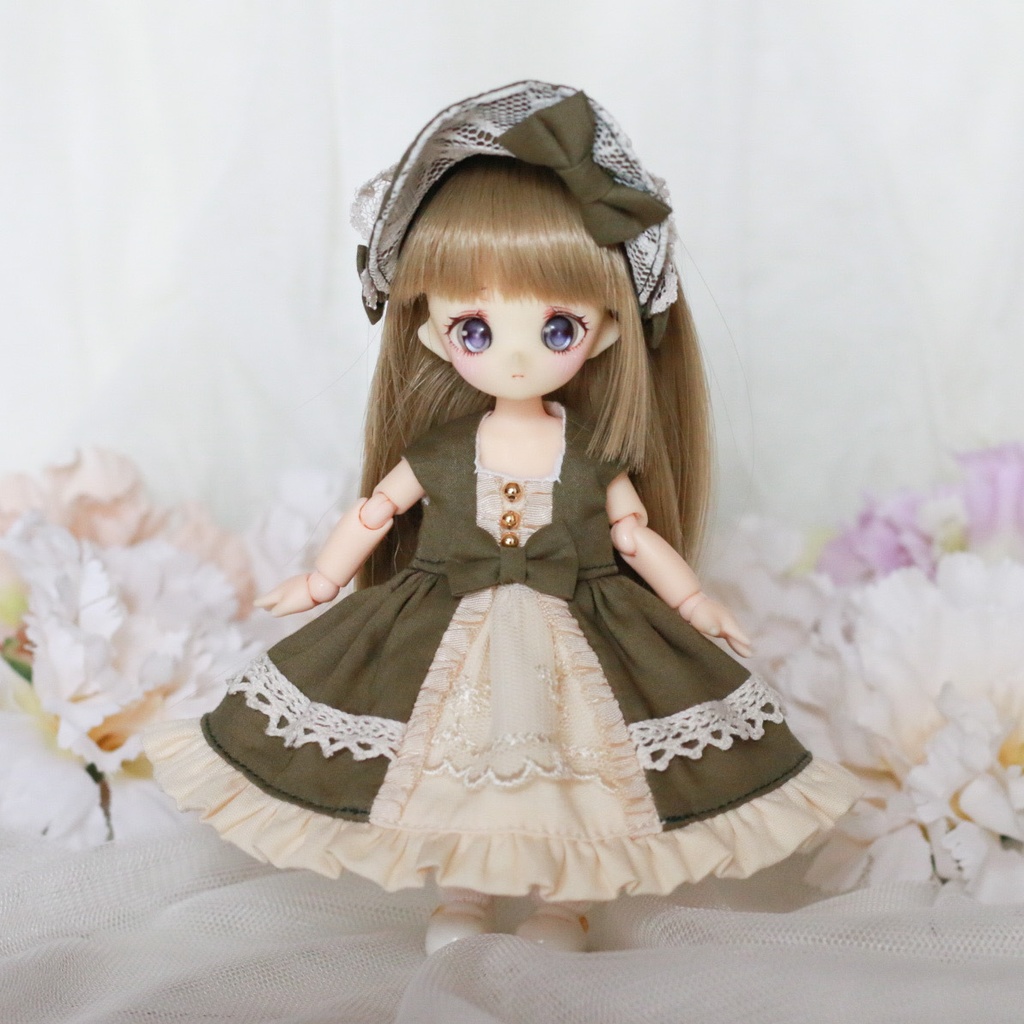 【オビツ11・ピコP】ケープ付きワンピース オリーブグリーン