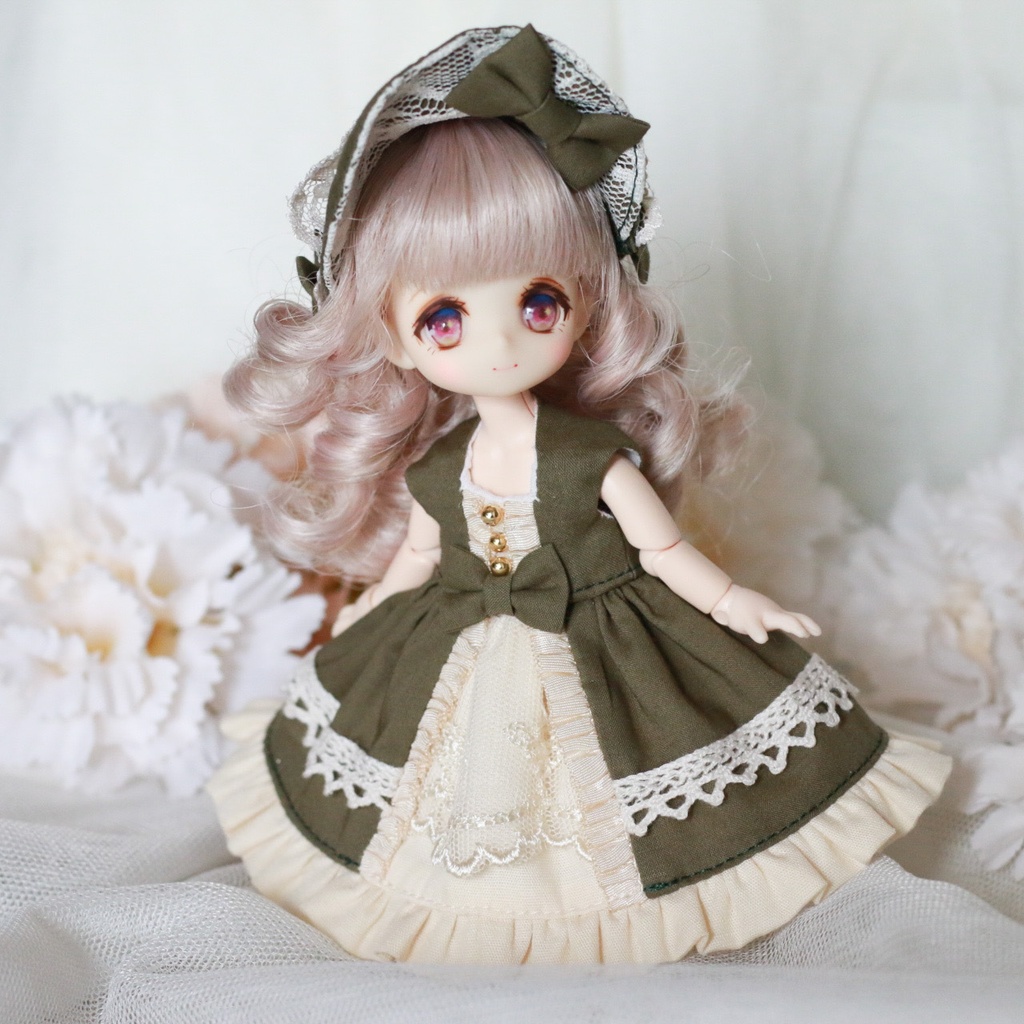 【オビツ11・ピコP】ケープ付きワンピース オリーブグリーン