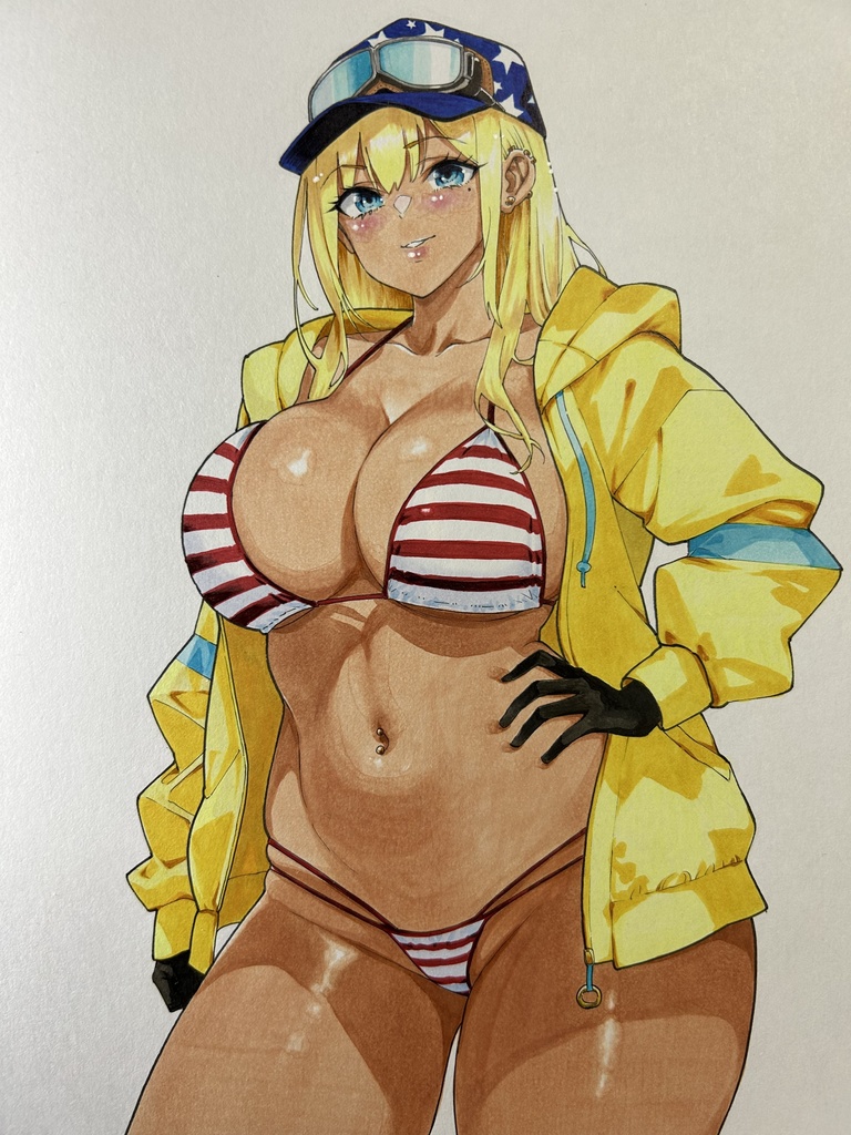 愛梨　褐色肌、パーカー、縞柄ビキニ