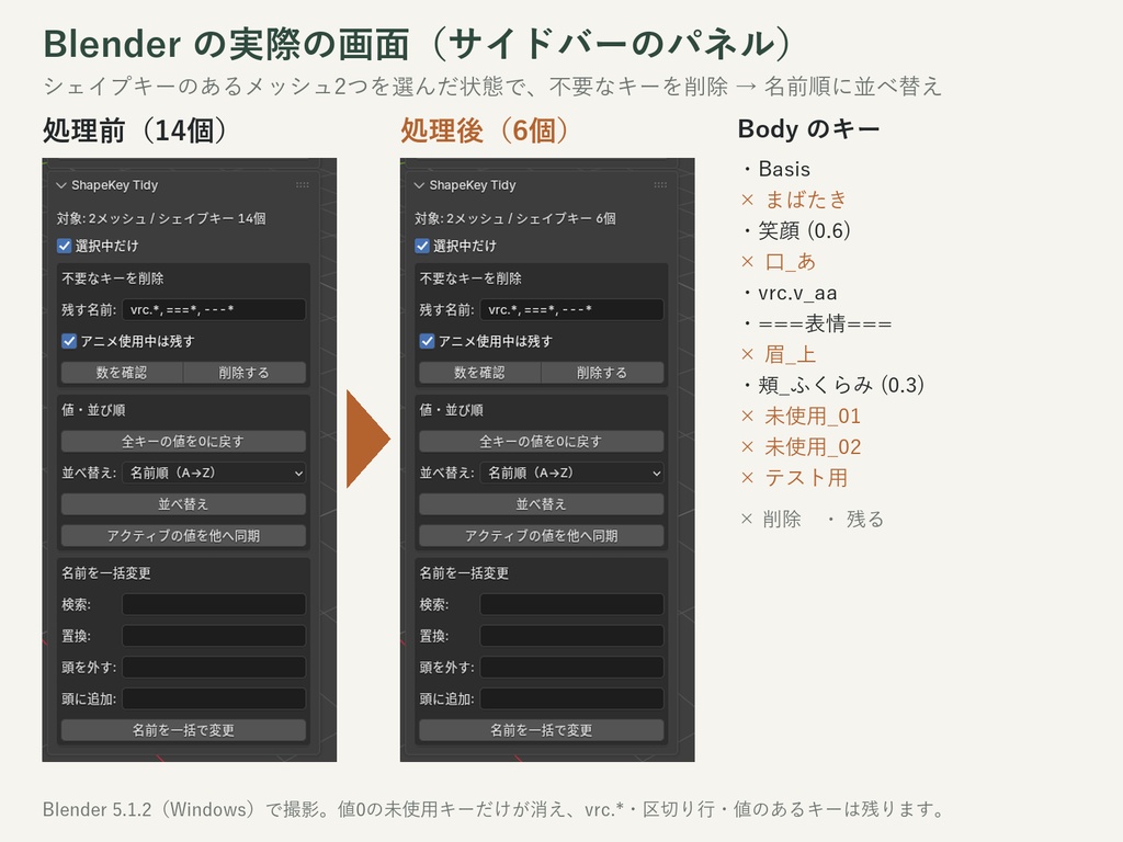 【Blender 5.1】シェイプキー整理ツール|不要キーの一括削除・並べ替え・体と衣装の値の同期