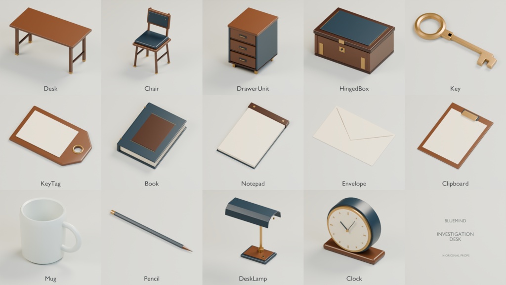 Investigation Desk|書斎・小物14点セット【Unity / FBX / Blender】