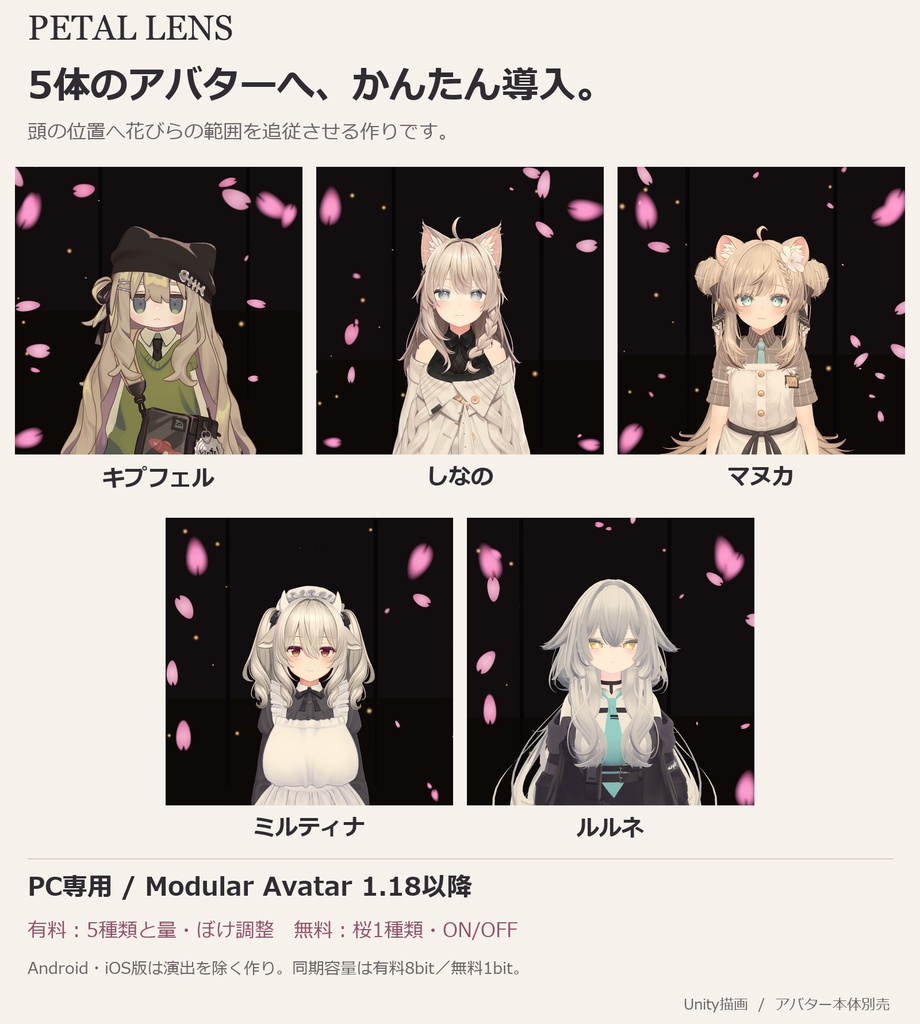 【VRChat】PETAL LENS|写真用前ボケギミック|キプフェル・しなの・マヌカ・ミルティナほか全5体/5種類