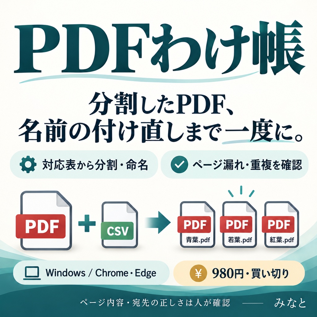 PDFわけ帳|対応表からPDFを分割・命名【Windows/買い切り】