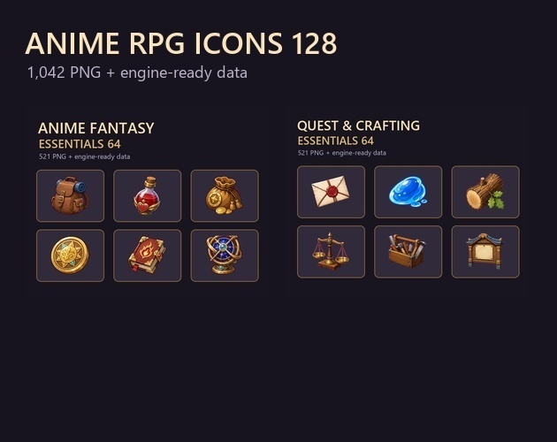 アニメ調ファンタジーアイコン128種セット|ゲーム制作用・透過PNG