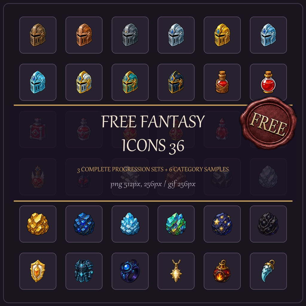 【無料】ファンタジーアイコン36種|ゲーム制作向け