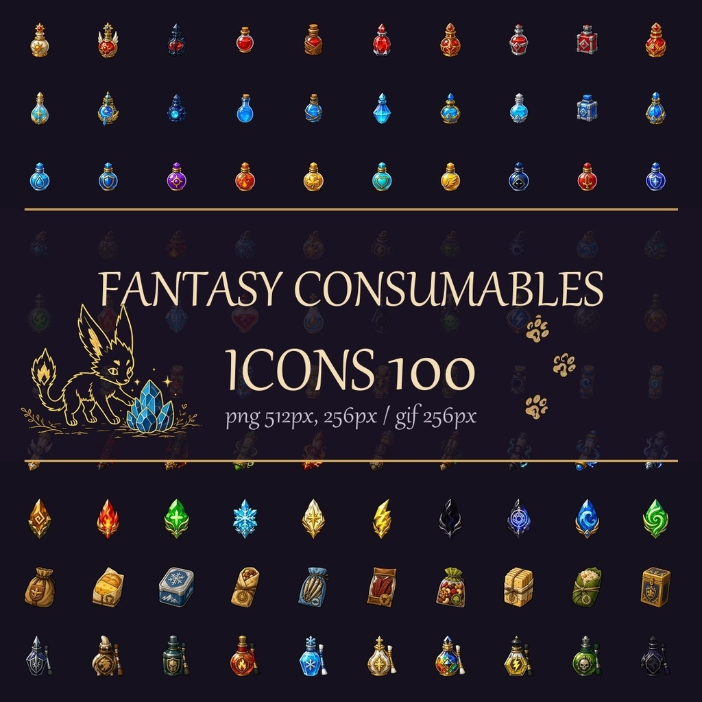 ファンタジー消耗品アイコン100種｜ゲーム制作向け