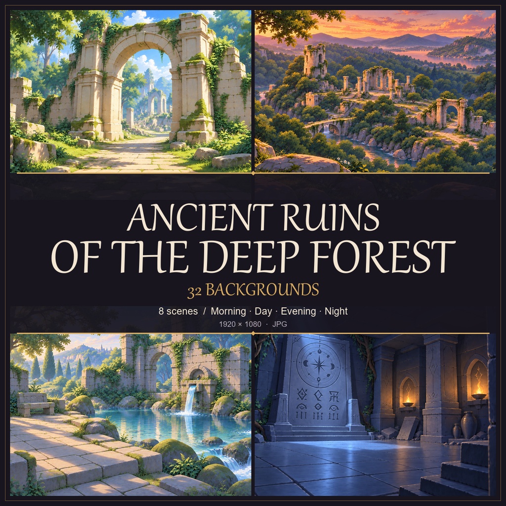 深き森の古代遺跡 — ファンタジー背景32枚