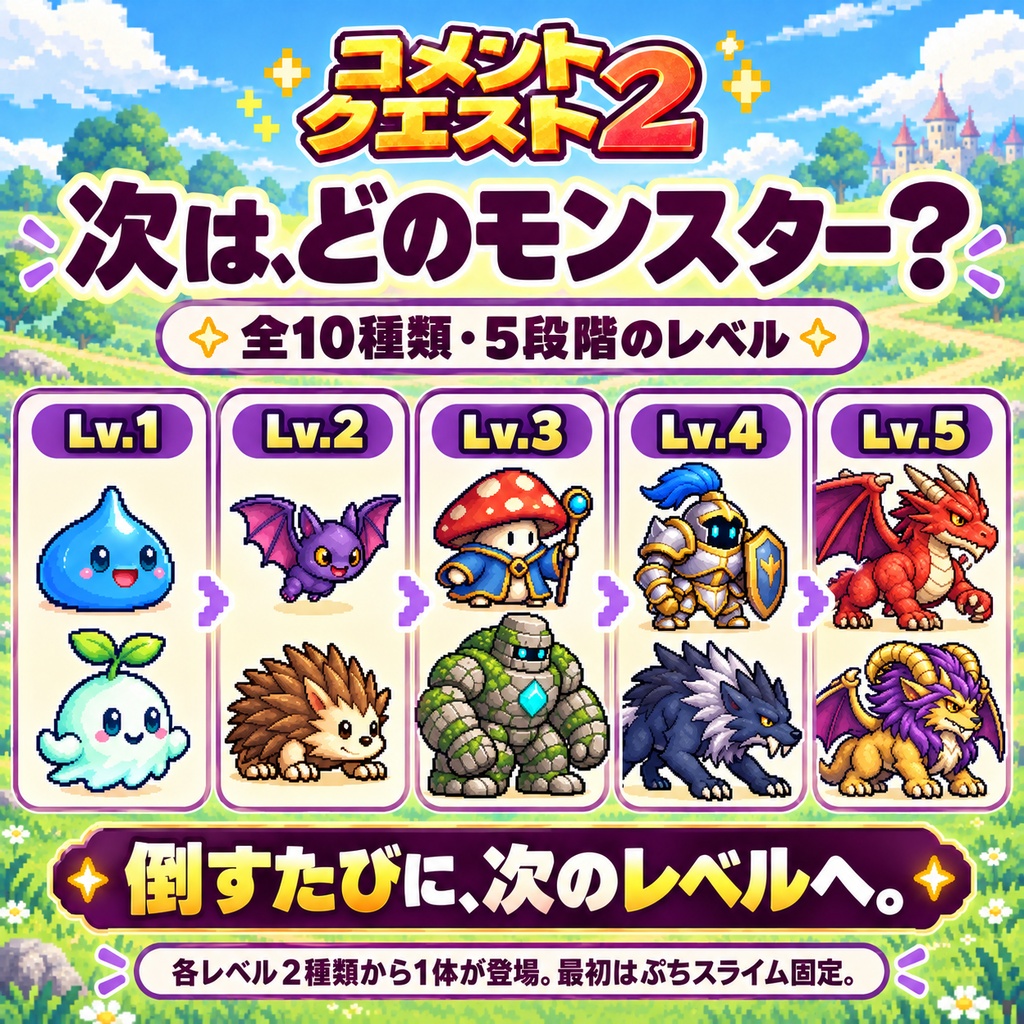 コメントクエスト2|コメントでモンスター討伐!ギフト必殺技・サブスク対応の視聴者参加型OBS配信テンプレート【わんコメ用】