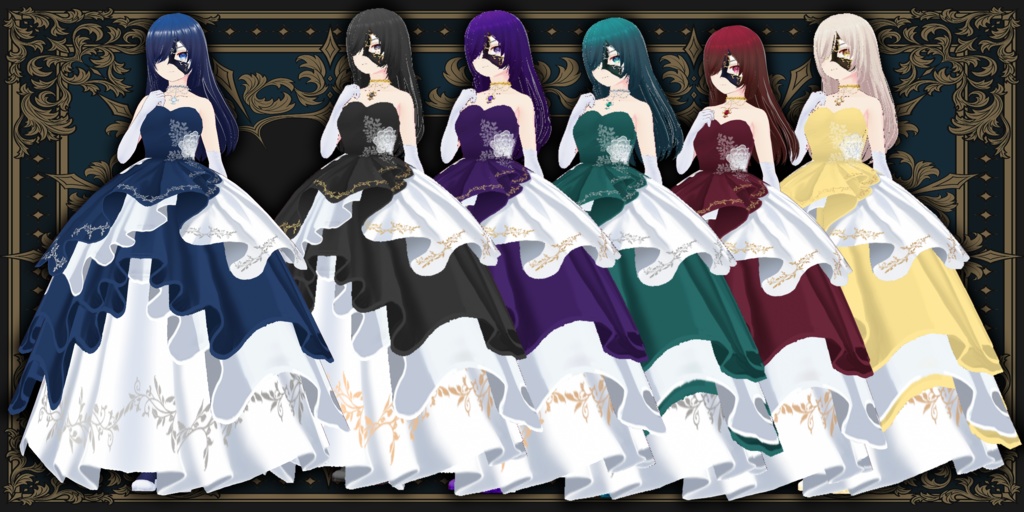 ベネチアカーニバル女ドレス6色　vrm・vroid・xwearデータ入り