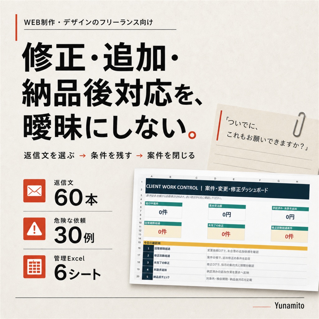 【Web制作フリーランス向け】修正・追加作業・納品後対応キット｜返信文60本＋管理Excel