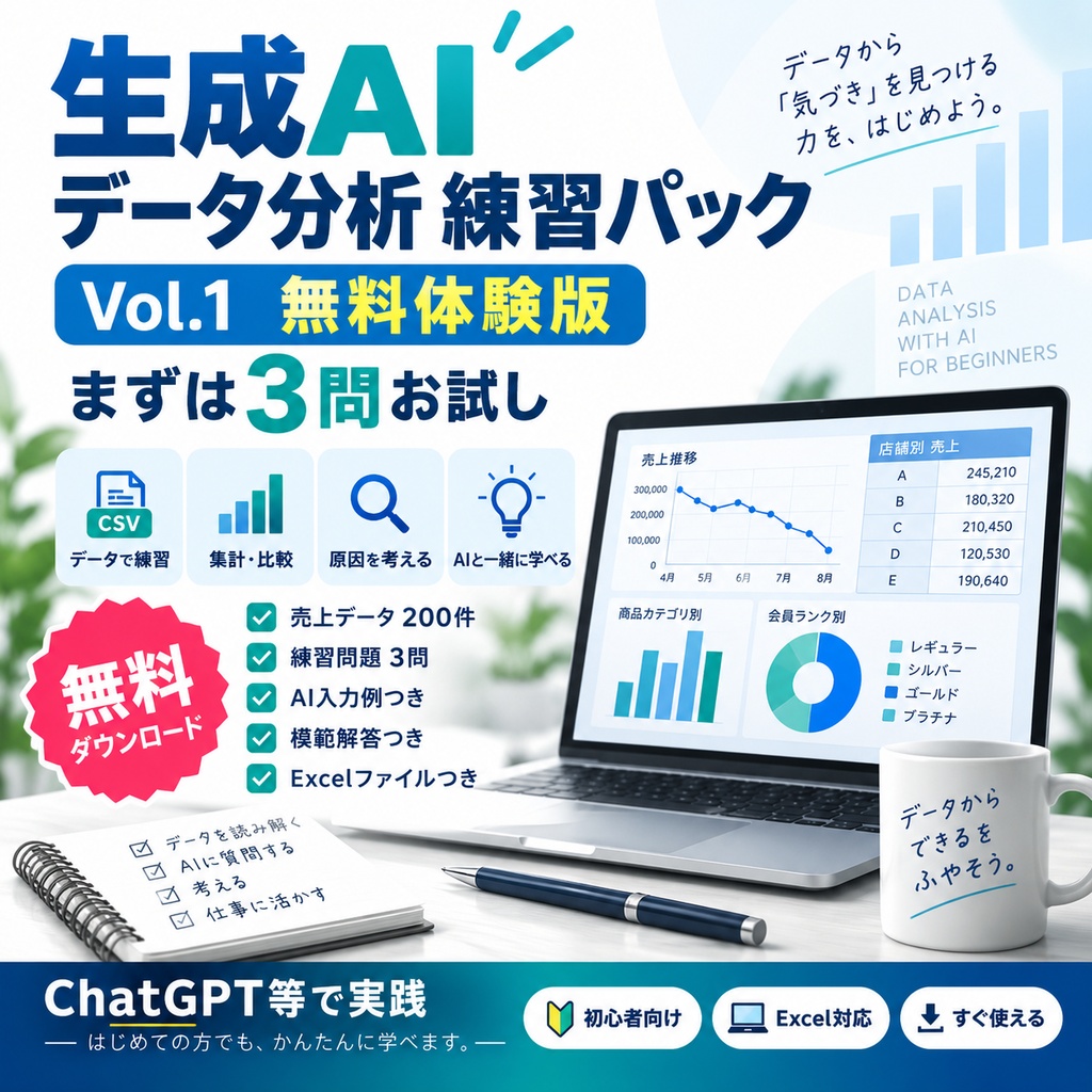 生成AI・ChatGPT データ分析 練習パック Vol.1 無料体験版｜Excel・CSVで売上分析｜CSV200件＋問題3問