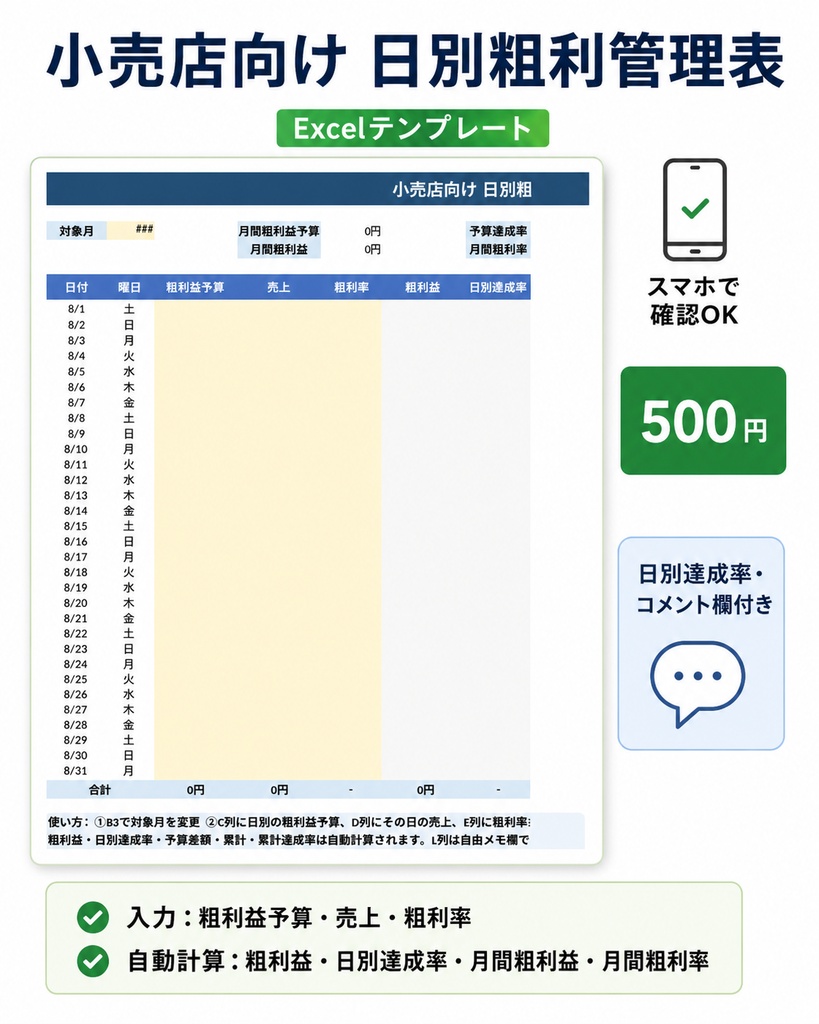 小売店向け 日別粗利管理Excel｜粗利益・粗利率・達成率を自動計算