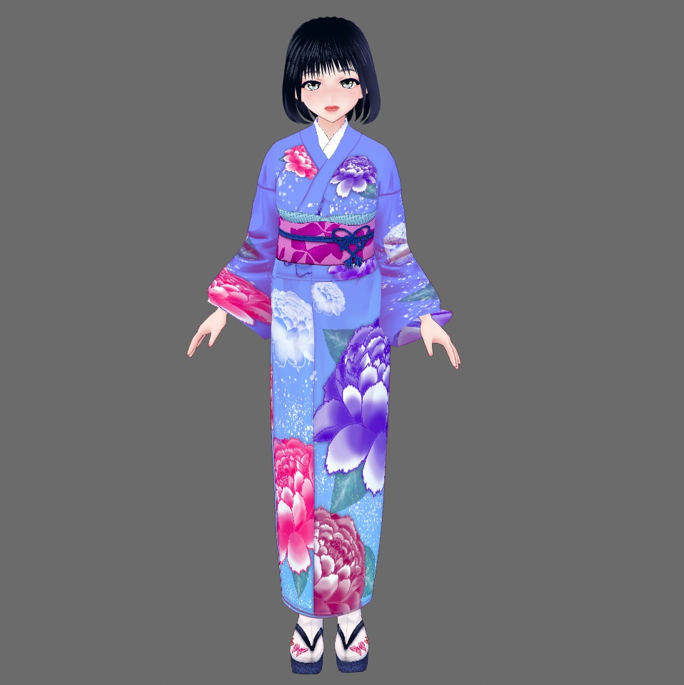 【Vroid】四月卯月・牡丹柄着物(女性・女装用/全3色+草履付)