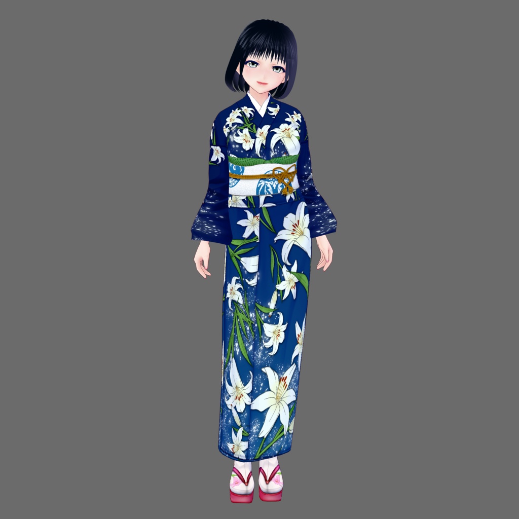 【Vroid】五月皐月・百合柄着物(女性・女装用/全3色+草履付)