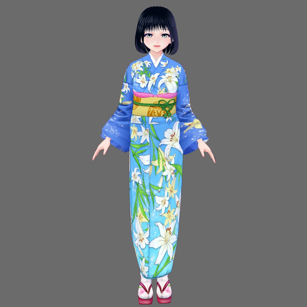 【Vroid】五月皐月・百合柄着物(女性・女装用/全3色+草履付)