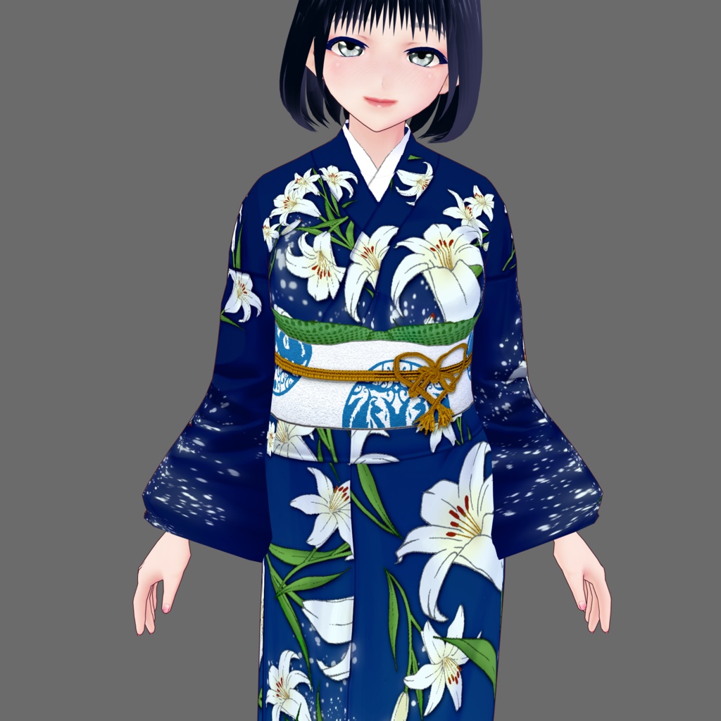 【Vroid】五月皐月・百合柄着物(女性・女装用/全3色+草履付)