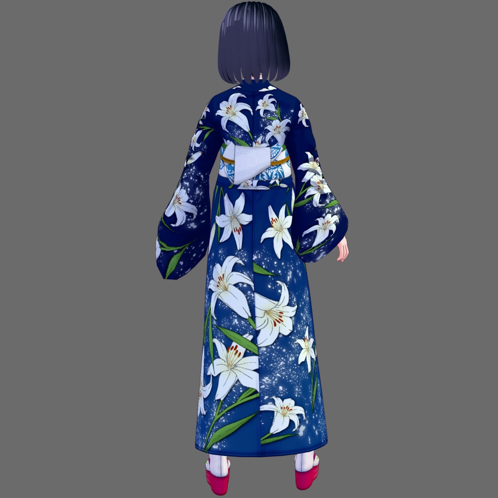 【Vroid】五月皐月・百合柄着物(女性・女装用/全3色+草履付)