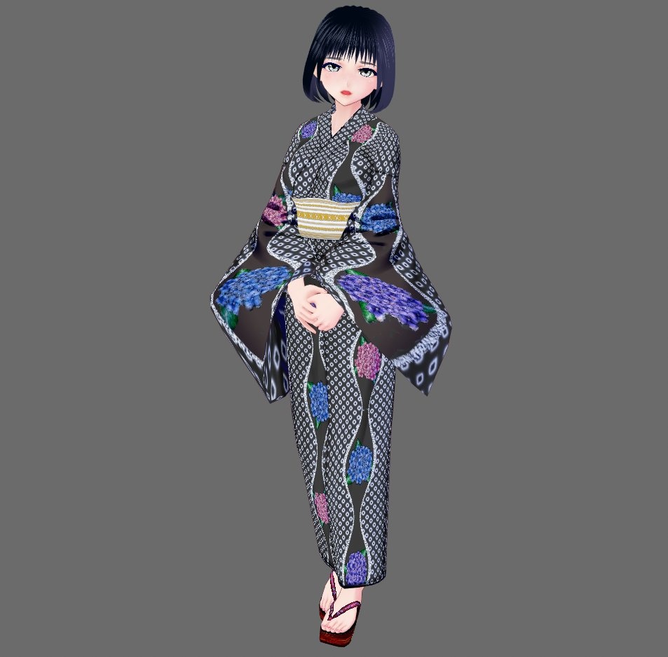 【Vroid】六月水無月・紫陽花柄浴衣(女性・女装用/全3色+下駄付)