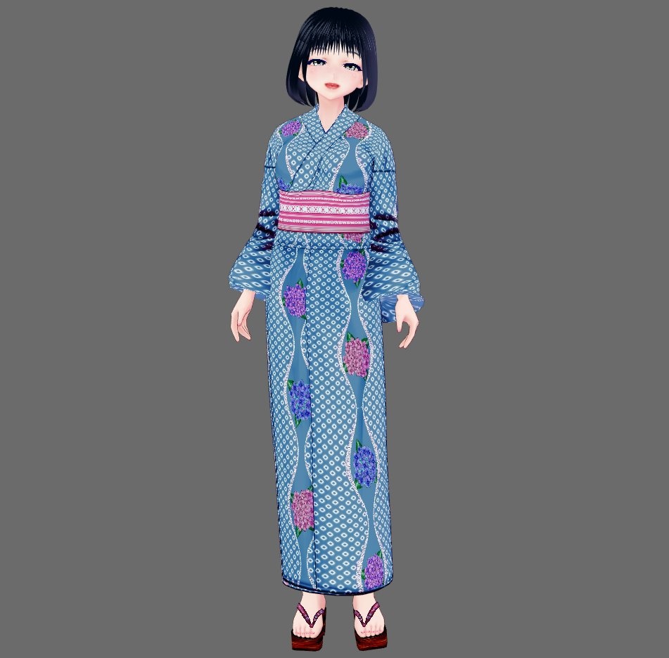 【Vroid】六月水無月・紫陽花柄浴衣(女性・女装用/全3色+下駄付)