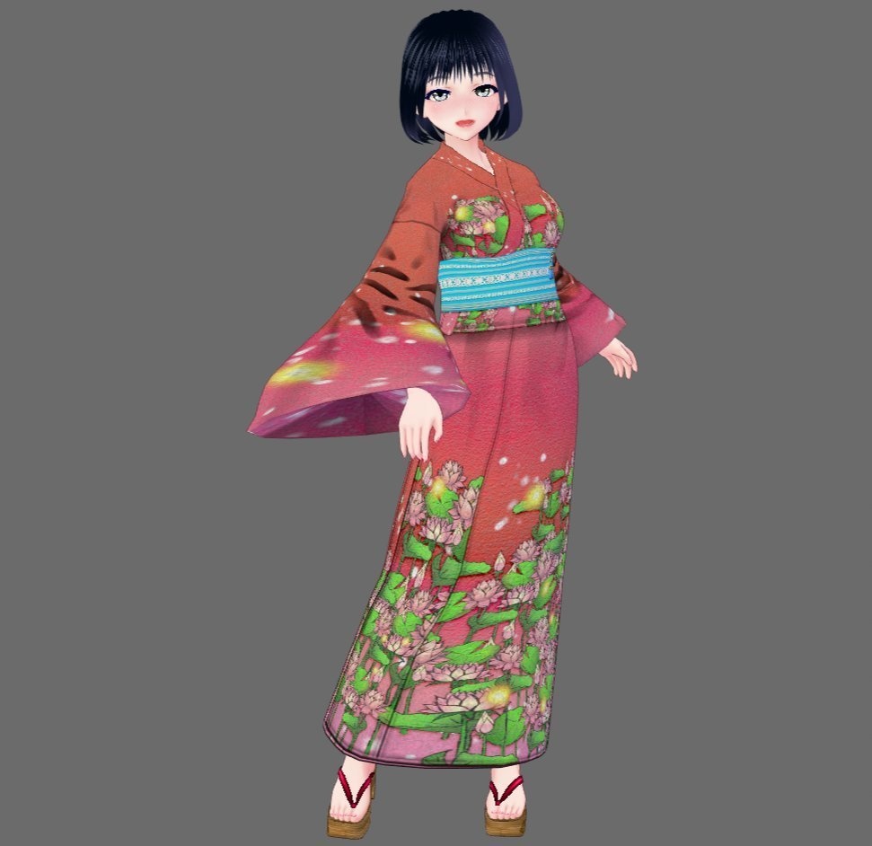【Vroid】七月文月・蓮柄浴衣(女性・女装用/全3色+下駄付)