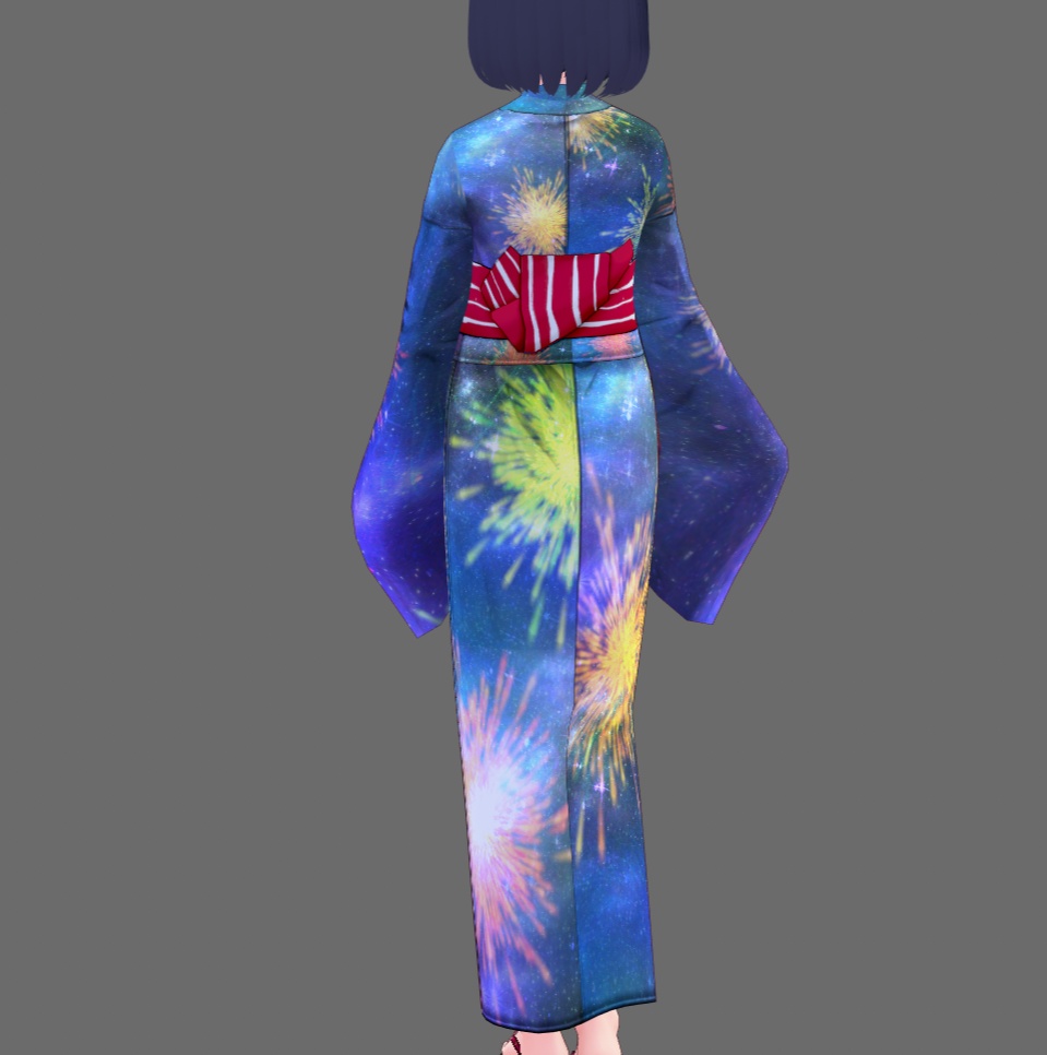 【Vroid】八月葉月・花火柄浴衣(女性・女装用/2色4パターン+下駄付)