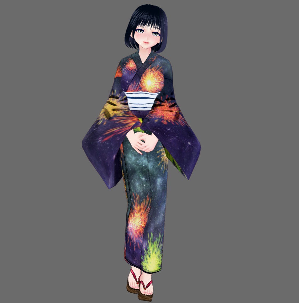 【Vroid】八月葉月・花火柄浴衣(女性・女装用/2色4パターン+下駄付)