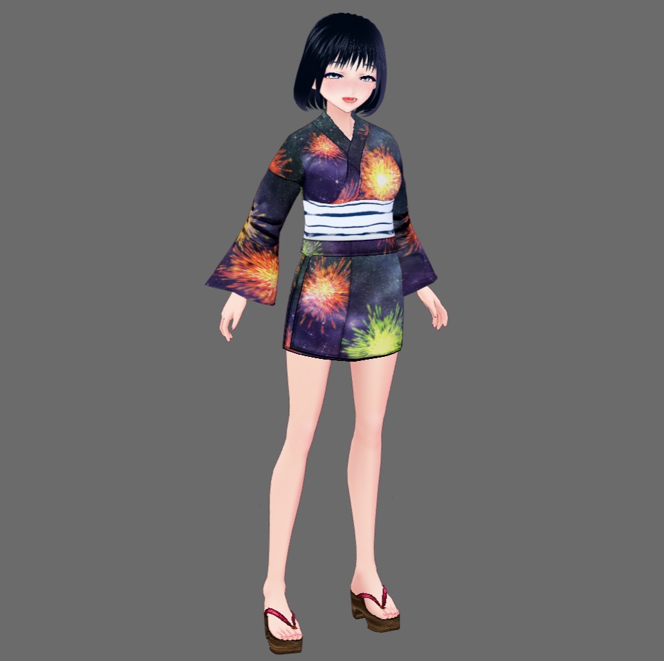 【Vroid】八月葉月・花火柄浴衣(女性・女装用/2色4パターン+下駄付)