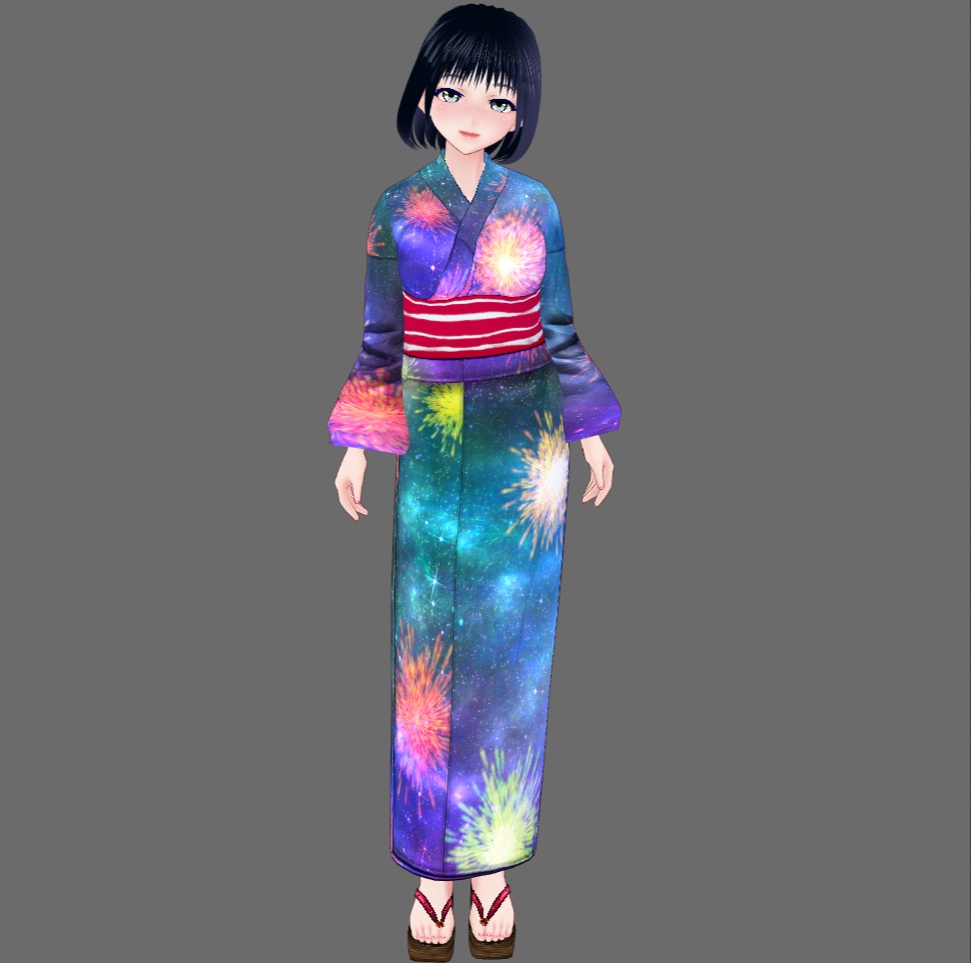 【Vroid】八月葉月・花火柄浴衣(女性・女装用/2色4パターン+下駄付)