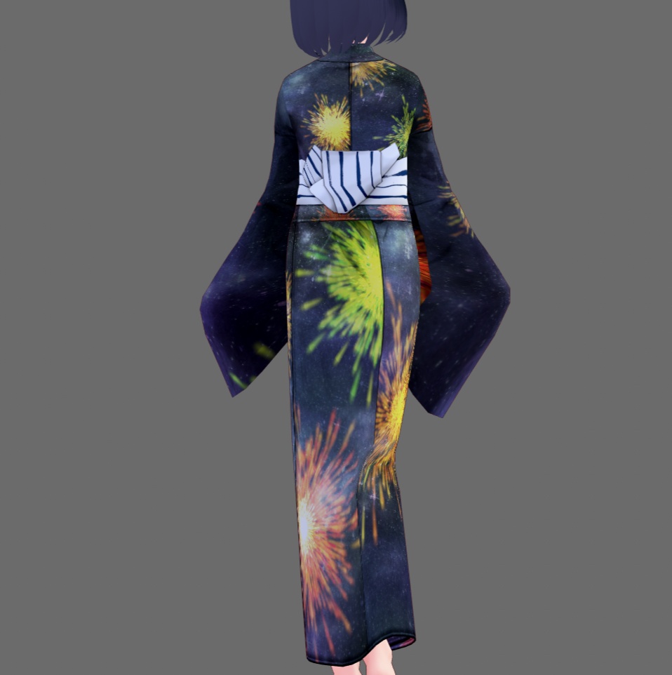 【Vroid】八月葉月・花火柄浴衣(女性・女装用/2色4パターン+下駄付)