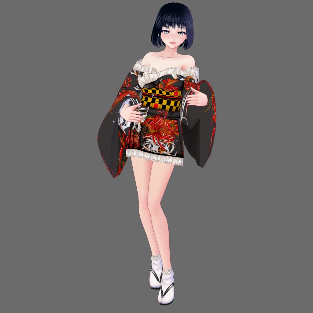 【Vroid】九月長月・レース付彼岸花柄浴衣(女性・女装用/2色8パターン+草履付)