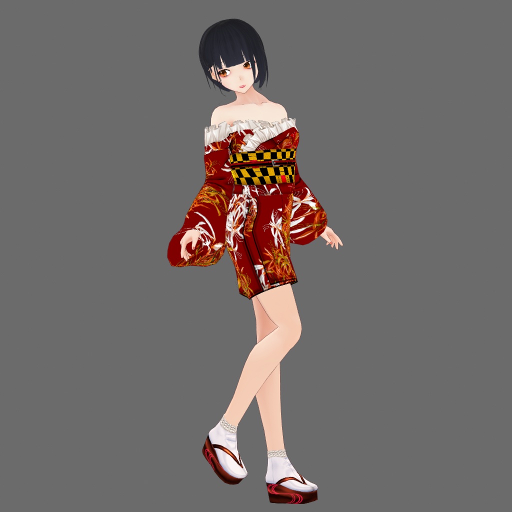 【Vroid】九月長月・レース付彼岸花柄浴衣(女性・女装用/2色8パターン+草履付)